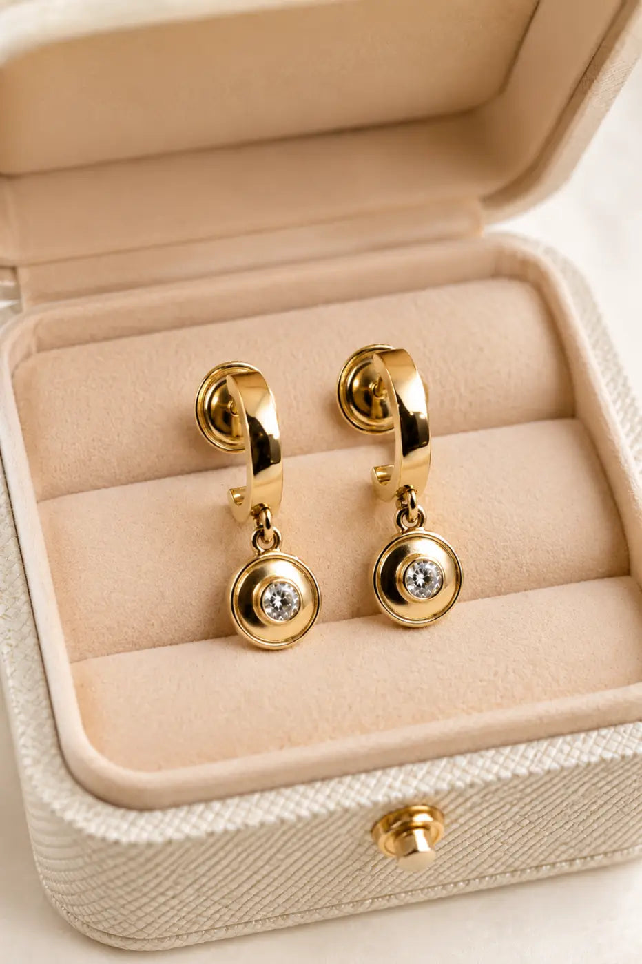 14ct gold diamond drop earrings with solid 14ct yellow gold hoops and a 3mm lab diamond smartlock fastening