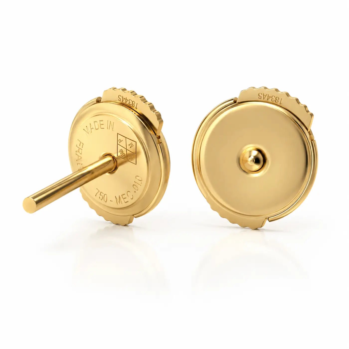 Back view of solid 14ct yellow gold axis drop earrings with polished finish and smartlock fastening engraved details