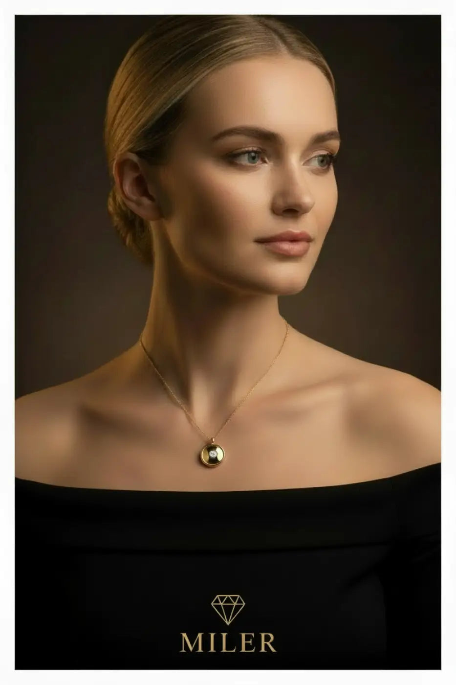 Delicate gold 14ct yellow necklace with a round pendant featuring a clear gemstone designed for statement wear