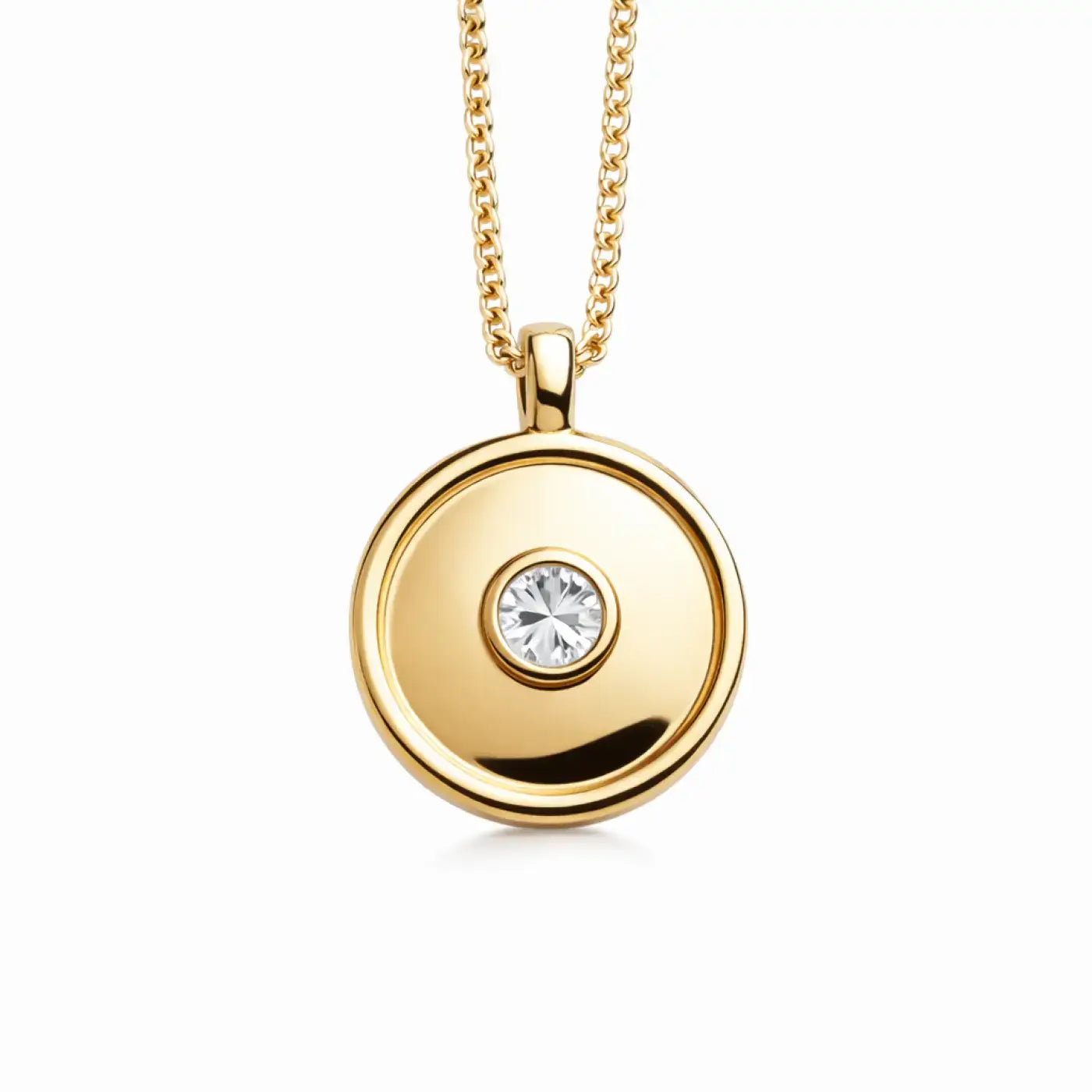 Engraved 14ct gold pendant designed with a sleek yellow gold disc and a central clear diamond gemstone