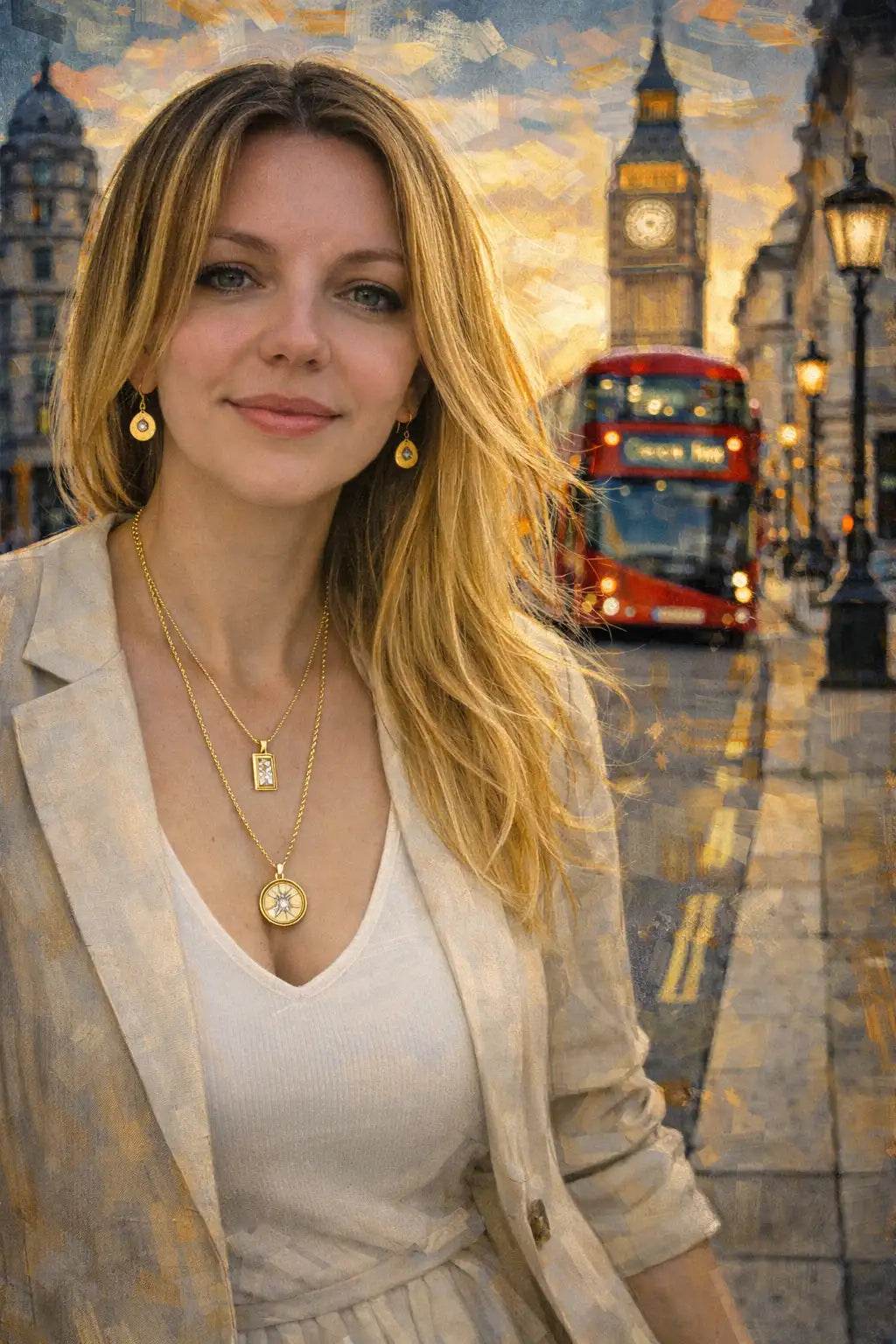 Gold compass pendant necklace with intricate detailing and a circular face