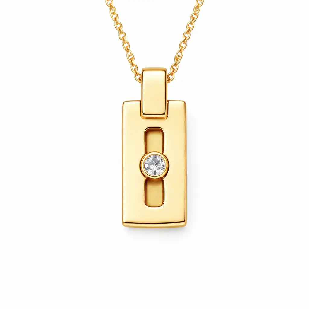 Gold-toned rectangular pendant necklace featuring a central round diamond set in a sleek, minimalist design.