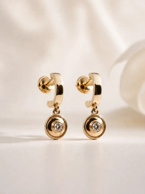 Miler axis drop diamond earrings 3mm solid 14ct yellow gold hoops with smartlock fastening and sparkling central gemstone