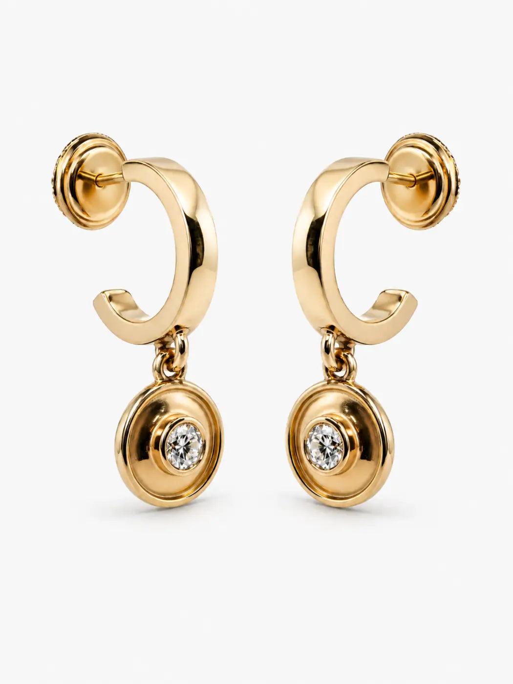 Miler axis drop diamond earrings solid 14ct yellow gold hoops with dangling circular pendant and central diamond