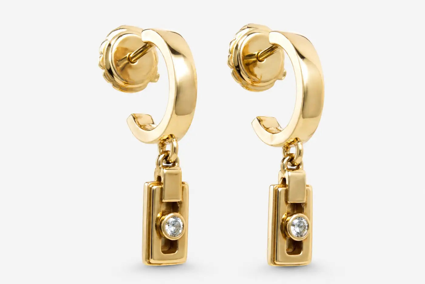 Gold hoop miler axis drop earrings with solid 14ct yellow gold rectangular pendant and 2mm diamond gemstone