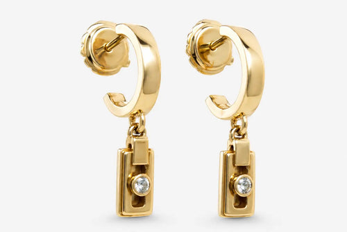Gold hoop miler axis drop earrings with solid 14ct yellow gold rectangular pendant and 2mm diamond gemstone