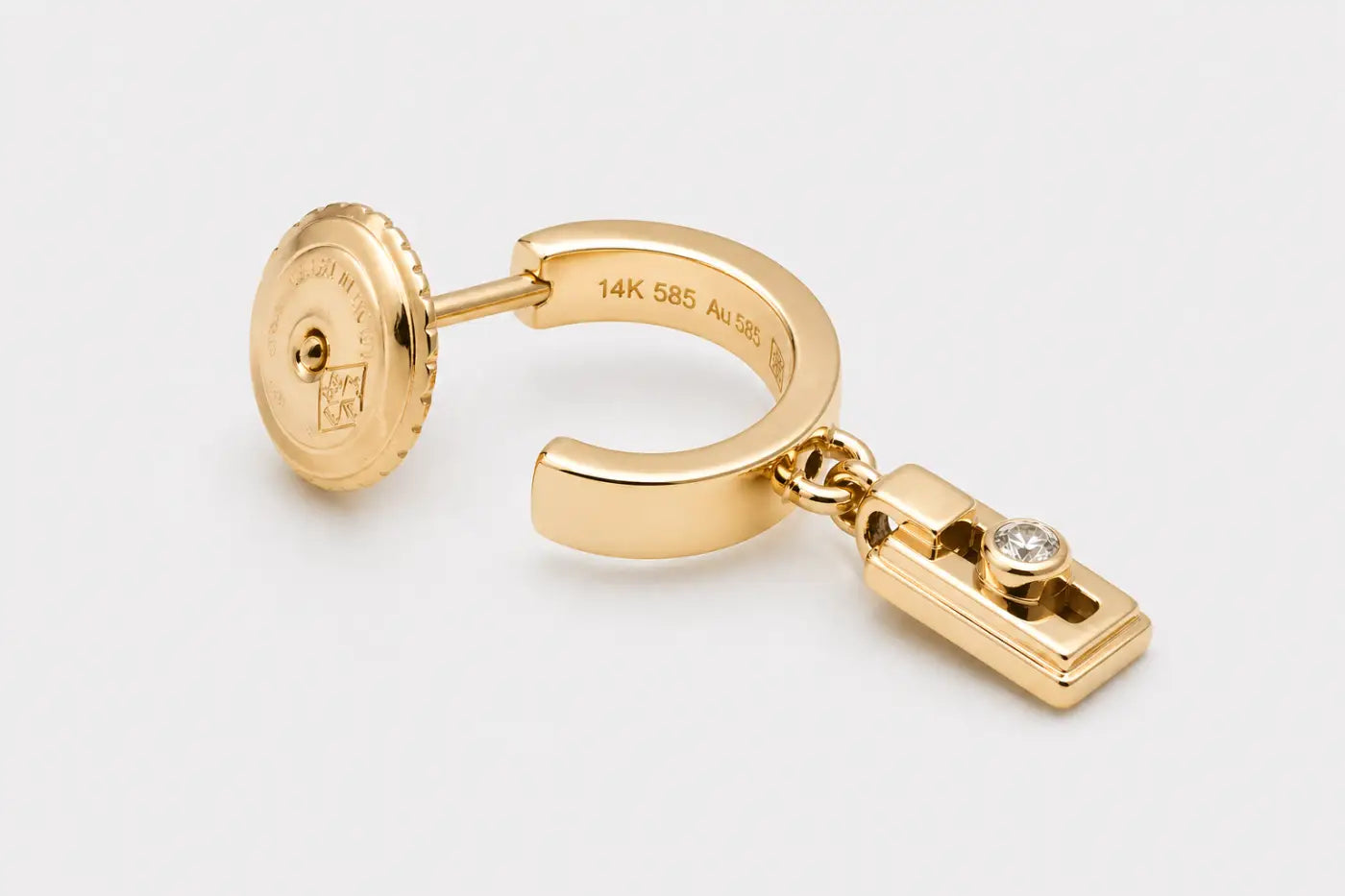 Solid 14ct yellow gold miler axis drop earrings with gold hoop and rectangular pendant featuring single clear 2mm diamond