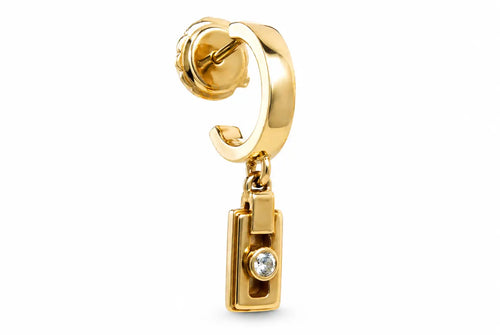 Solid 14ct yellow gold miler axis drop earrings with gold-tone hoops and rectangular pendant featuring a 2mm diamond