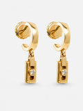 Gold-tone axis drop earrings with rectangular pendant and clear gemstone in solid 14ct yellow gold with smartlock fastening