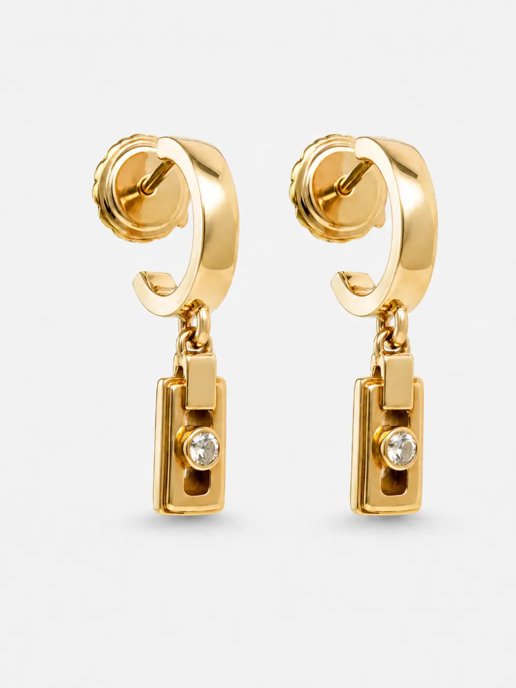 Gold-tone axis drop earrings with rectangular pendant and clear gemstone in solid 14ct yellow gold with smartlock fastening