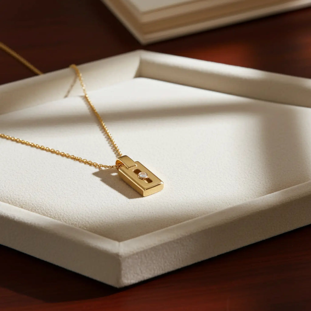 A minimalist solid 14ct gold diamond pendant necklace with a rectangular lab-grown diamond for everyday luxury