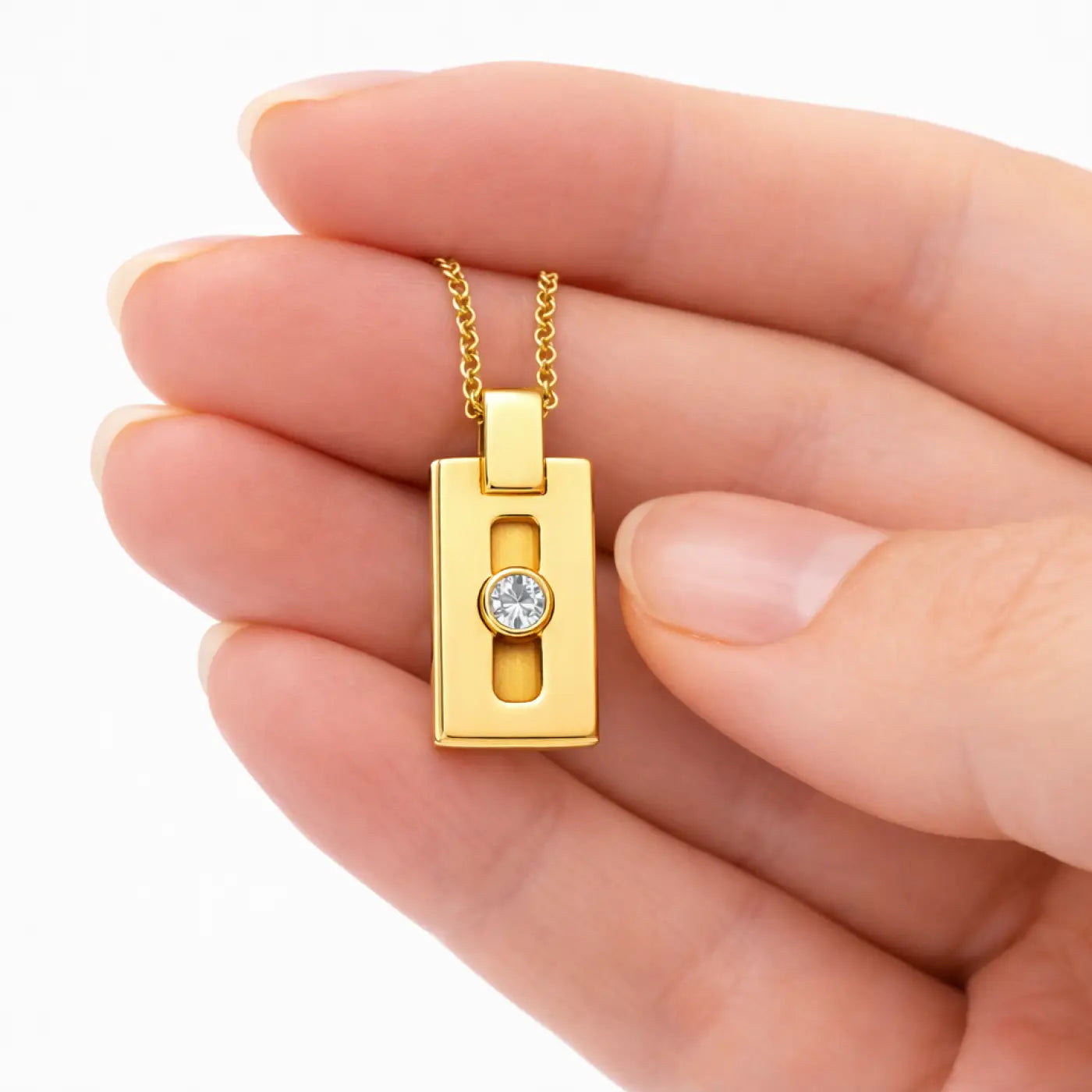 14k gold diamond pendant with central round diamond on chain