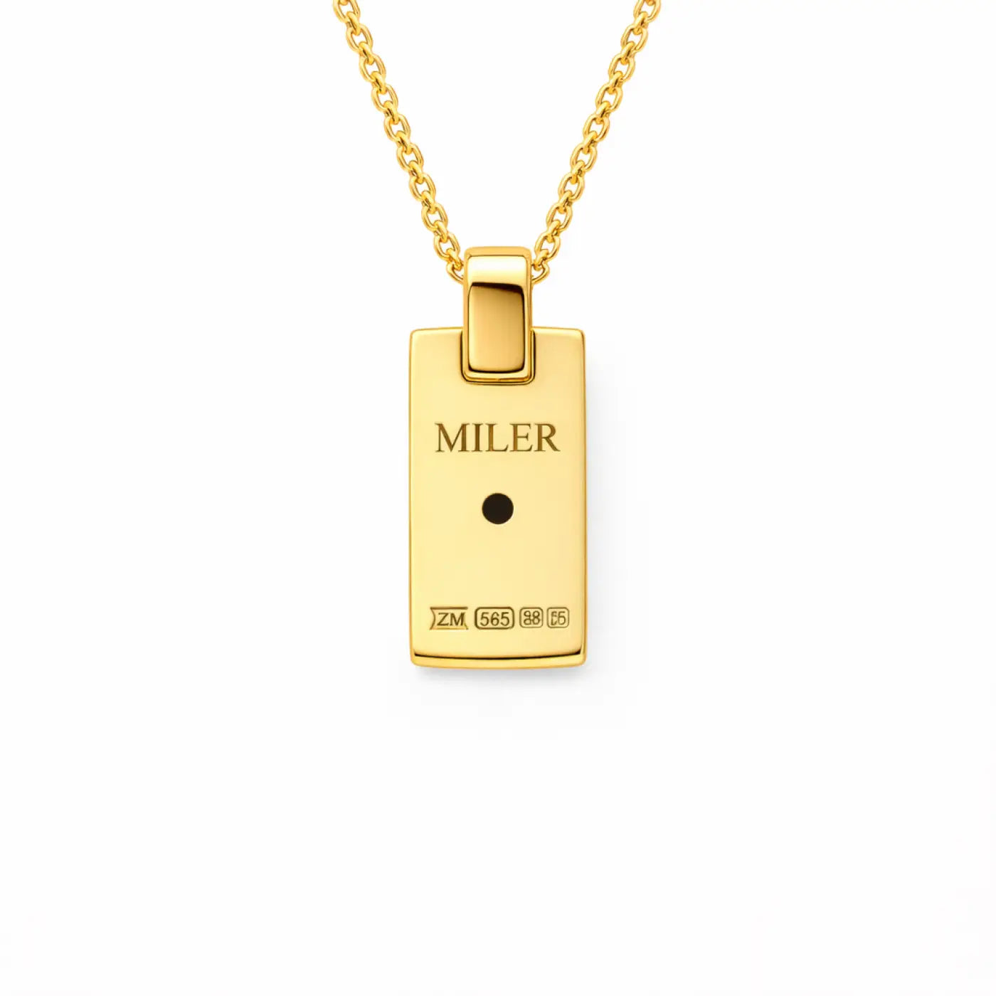 Back of 14k gold diamond pendant with miler engraving and hallmarks