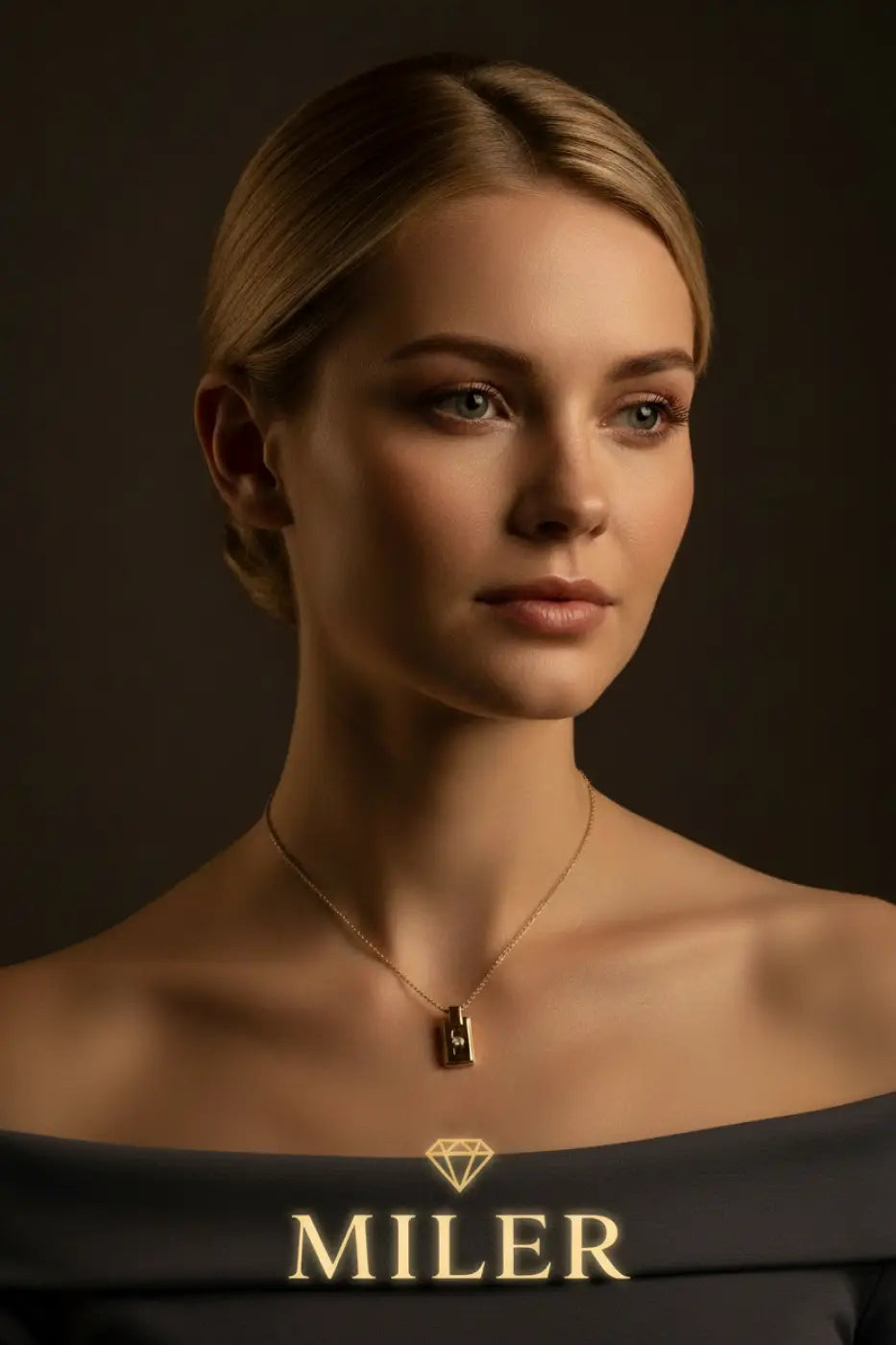 Minimalist solid 14ct gold diamond pendant necklace with a gold-toned rectangular pendant engraved with m design