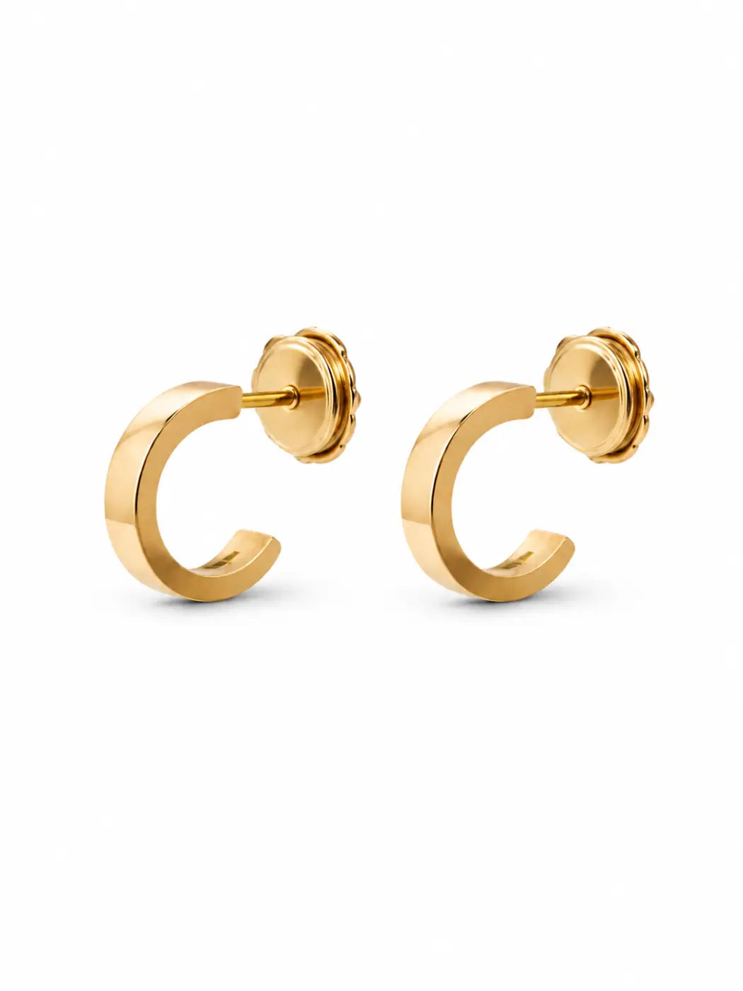 Polished yellow gold hoops with smartlock fastening and sleek post-backs for secure wear
